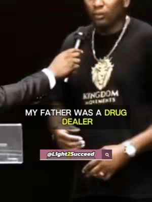 A man in a black t-shirt with a microphone is being interviewed. The text overlay reads "MY FATHER WAS A DRUG DEALER."