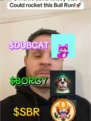 A selfie-style video cover image featuring a man in a black hoodie. The image is segmented, displaying the man at the center with text and images overlaid on his face. The text overlays are in green, yellow, and purple. Three distinct cryptocurrency-themed images are placed around the man's face. The layout suggests a comparison or recommendation related to meme coins. The background appears to be a plain indoor setting.