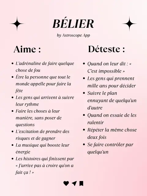 A white background with dark pink corner embellishments and a centered layout. The text includes 'BÉLIER' in a bold font, details about what Aries people love and hate from the Astroscope App, and small icons at the bottom for social interaction.
