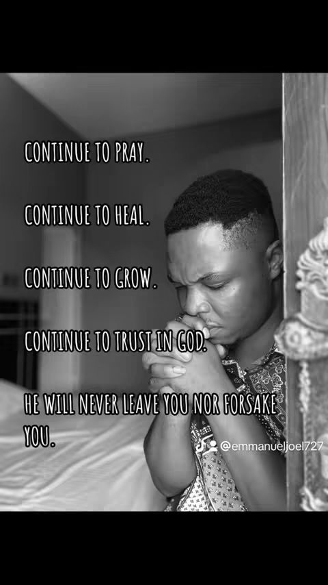 A black and white image features a man with short, dark hair, wearing a patterned shirt, gazing downward with a prayerful expression. Text in a bold, white font is overlaid on the image, listing instructions and promises. 