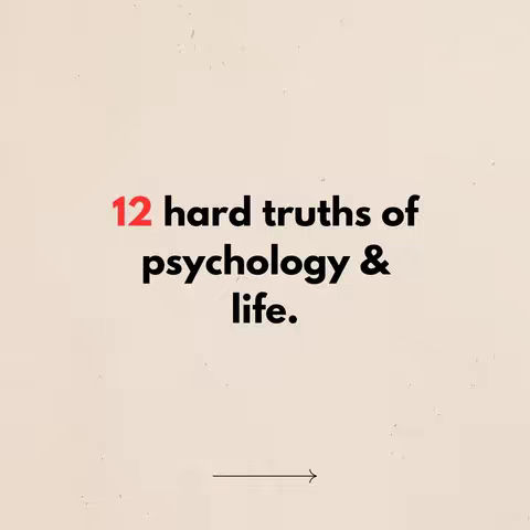 The cover image features a light beige background with text overlaid in the center. The text reads '12 hard truths of psychology & life.' The number '12' is in red to stand out. A black arrow is at the bottom pointing to the right.