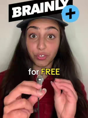 A young woman with long dark hair and a red shirt is holding a microphone up, giving a surprised expression. Large text at the top says "Brainly" accompanied by a plus sign on the side. Below her is written "for FREE"
