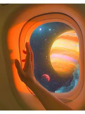 A surreal image showing the view through an airplane window. A hand reaches out towards a colorful cosmic scene, with a large planet in the center, a smaller red planet, and a starry sky. The window frame and hand are in warm tones, while the cosmic view has cooler blues and purples.