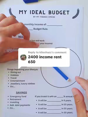 A person's hands hold a paper titled 'MY IDEAL BUDGET,' with comment boxes over it. The paper is light-colored. A comment box reads, '2400 income rent 650.' The paper has sections for income input, the 'Budget Rule,' and lists for 'Things improving your lifestyle' and 'SAVINGS.' There are also areas for investment calculations. A pen is near the corner of the paper.