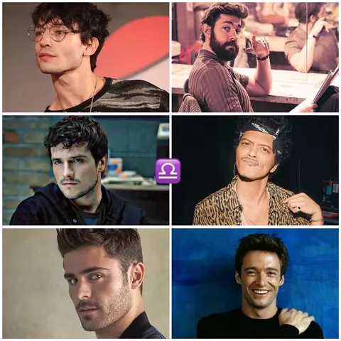 A collage of images featuring several male celebrities, arranged in a grid-like layout. A small purple and white Libra symbol is placed in a section of the grid.