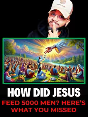 The cover image presents a composite design. The upper portion features a man in a white cap, glasses, and beard against a black background. Below, a vibrant, artistic scene depicts a biblical setting: a multitude of people seated on a grassy area, with a figure in front of some of them bestowing blessings. A brilliant light emanates from the sky, adding a divine atmosphere. The text overlaid at the bottom adds context to the video's subject matter.