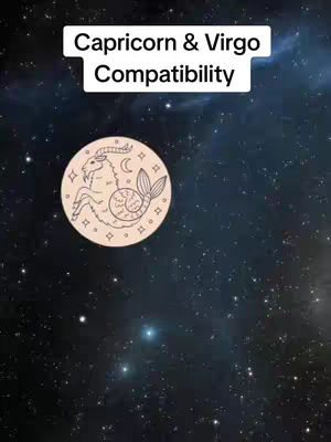 The cover image features a starry night sky background with a white rectangle at the top containing text: "Capricorn & Virgo Compatibility." Below the text, centered, is a beige circular emblem with a line drawing of a mythical creature. The creature appears to be a blend of a goat (Capricorn) and a fish tail (Virgo). The emblem is surrounded by small, stylized designs inside the circle.