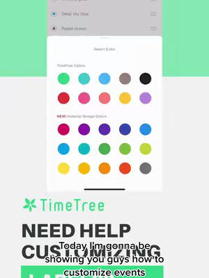 The cover image shows a screen recording of an app's interface. On the top, it displays a preview of event label options with color swatches. The lower image displays a 'TimeTree' logo, and other text elements explaining the content.