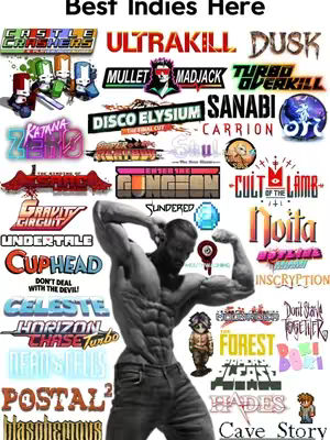 The cover image is a collage with a black and white muscular man flexing in the center with the title 'Best Indies Here' at the top. Surrounding the man are logos and titles of various indie games. The overall composition is a mix of text and images, with a bold, eye-catching layout, and a focus on video games.