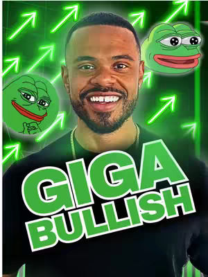 A man with a beard smiles broadly, superimposed over a green background with green arrows and two Pepe the Frog images. The text reads "GIGA BULLISH" in large green letters.