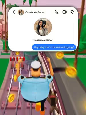 The cover image shows a screenshot of a text message conversation within a phone-like UI, placed over a Subway Surfers game scene. In the foreground, the Subway Surfers character runs towards the viewer, with the game's tracks and background visible. The text message features a profile picture of a woman and a message bubble with the text: Hey baby how's the internship going?.