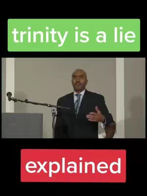 The cover image depicts a man in a suit standing behind a lectern with a microphone. Above him is a green rectangle with white text reading "trinity is a lie," and below him is a red rectangle with "explained" in white text.