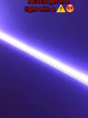 The image background is a gradient from dark blue to purple, with a bright white light strip diagonally across the image. The text overlay is in red and white with a warning sign and angry face emoji.