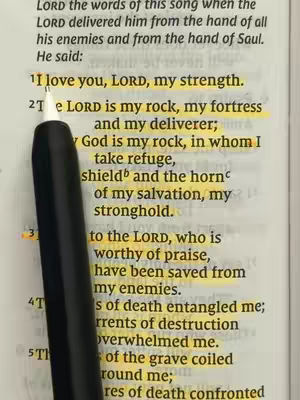 A close-up shot of an open book with highlighted text, focusing on a Bible verse. A black pen is positioned diagonally across the frame, with the highlighted text portions in yellow. The background is the open book with grey text.