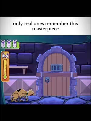 The cover image shows a scene from a Scooby-Doo-like adventure game. The background is composed of stone walls, and on the left, there is a temperature gauge with a worried face on it. A brown dog, reminiscent of Scooby-Doo, is running towards a large wooden door with a stone arch above it. Above the scene, the text overlay reads, "only real ones remember this masterpiece."