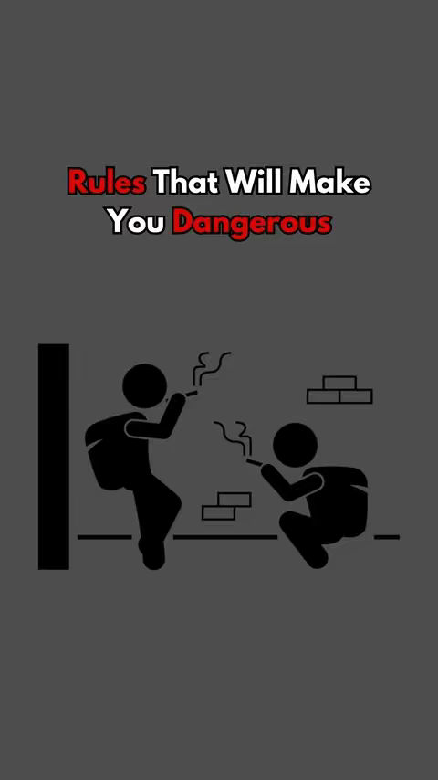 The cover image features a minimalist graphic with a gray background. The central elements are two stick figures, one kneeling and the other standing, both smoking cigarettes. They are silhouetted in black against the gray. A wall-like structure with brick details is in the background. The upper portion of the image contains text, in red and white, stating, "Rules That Will Make You Dangerous."