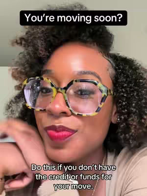 A close-up shot of a woman with curly dark hair, wearing large, patterned glasses, and red lipstick. The background is blurred, and the focus is on her face. Text overlays in black boxes at the top and bottom address the viewer.
