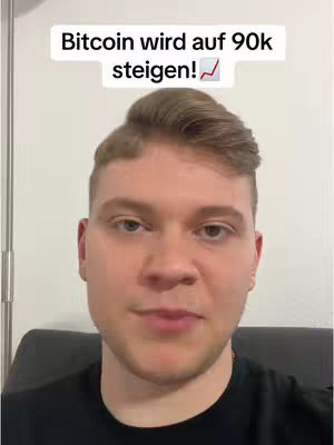 A medium shot of a young man with light hair and a black shirt. The text overlay is in a white box that reads "Bitcoin will rise to 90k", the man is looking at the camera.