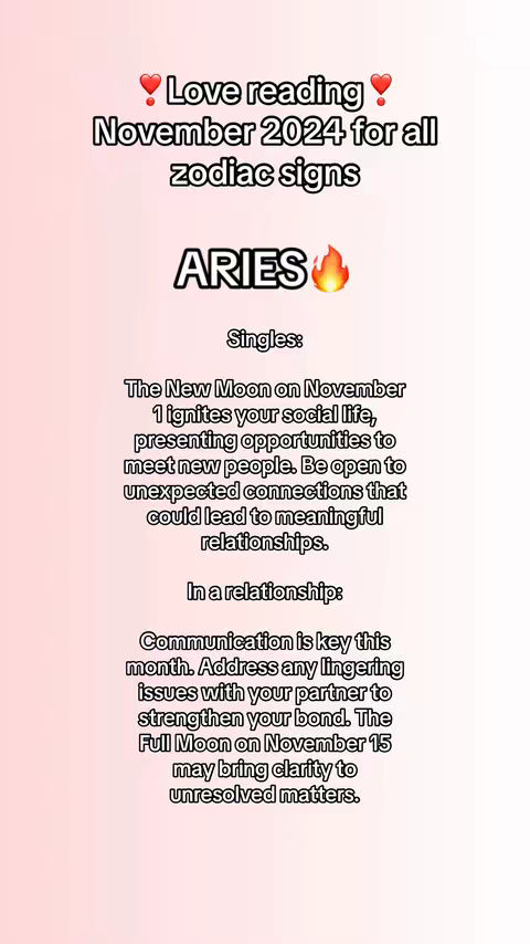 A vertically-oriented graphic with a light pink to white gradient background. Text overlays in white and black fonts present astrological predictions for November 2024, focusing on matters of love for Aries.