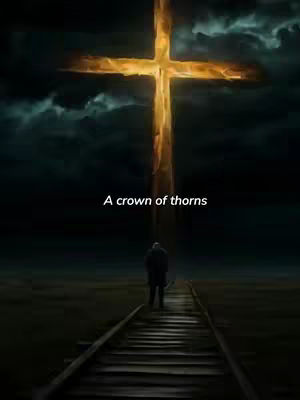 The cover image presents a dramatic scene of a person standing on railroad tracks that lead towards a glowing cross, set against a dark, cloudy sky. Above the person, a large cross is prominently displayed, radiating a bright, golden light, which appears to be the primary light source. The background is a blend of dark blues and grays, creating a sense of mystery and depth. In the center, just below the cross, the text overlay reads 'A crown of thorns'.