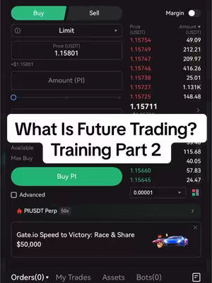 The image shows a mobile trading app interface. The layout is dark, with data tables and buttons for buying and selling cryptocurrency. A text overlay highlights the video's topic.