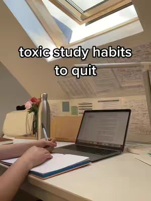 The cover image shows a person at a desk with a laptop and notebook. The text overlayed on the image says: toxic study habits to quit.