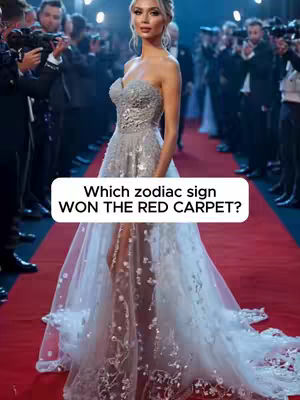 A woman in a sparkling silver gown stands on a red carpet, posing. The background includes onlookers and photographers. A text overlay reads, 'Which zodiac sign WON THE RED CARPET?'