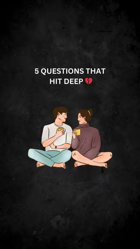 An illustration of two cartoon characters sitting cross-legged, facing each other, and smiling, holding mugs. The text overlay reads, '5 QUESTIONS THAT HIT DEEP' with a broken heart symbol. The background is dark and textured.