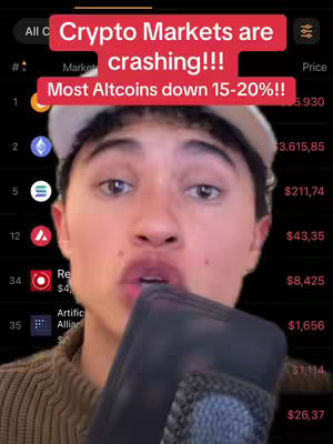 A young man wearing a white cap and a brown shirt is holding a black microphone close to his mouth. A red banner saying "Crypto Markets are crashing!!! Most Altcoins down 15-20%!!" is placed on top of the screen. On the right side of the frame is a list of cryptocurrencies and their current prices.
