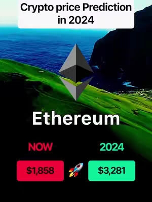 The image features a digital graphic predicting the future price of Ethereum, with a background showcasing a coastal landscape in a split-screen layout. The top contains the text 'Crypto price Prediction in 2024'. An Ethereum logo is prominently displayed. Below, the left side is a red box saying '$1,858' and below the right says '$3,281' in green along with a rocket ship icon.