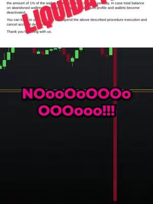 The image shows a financial chart with red and green candlesticks, a red vertical line, and text overlays indicating financial loss and distress. The word "LIQUIDATED" is prominently displayed, suggesting a financial event. Below, the phrase "NOooooooo", conveys an emotional response. The composition uses contrasting colors and text to highlight the volatility and potential negative outcomes of trading.
