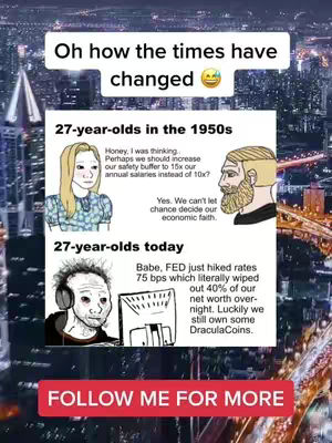 The cover image shows a split panel meme comparing the financial situations of 27-year-olds in the 1950s versus today. The top panel depicts a couple from the 1950s discussing increasing their safety buffer. The bottom panel shows a distressed person with headphones on, looking at a computer screen, reacting to recent financial news. The background is of a city night scene.