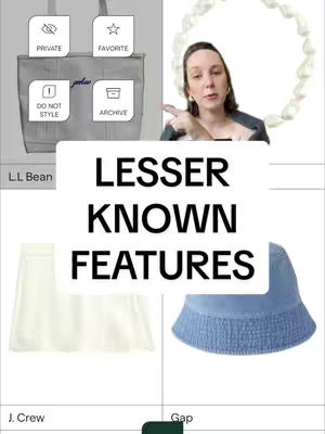 The cover image is a split screen composite featuring two main sections. On the left side, there are four small image boxes containing items such as a tote bag, a short skirt, and a blue hat. Top section shows a woman pointing to these product with a white circle of pearls behind her. The bottom section is white with the phrase 'LESSER KNOWN FEATURES' superimposed in bold black letters.