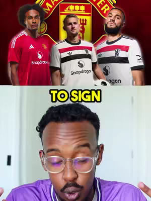 The video cover shows three soccer players in different jerseys above a zoomed-in shot of a man with glasses. The top image has players from Man United, the middle one is wearing a white Adidas shirt, the right most is wearing a white and black jersey. Text in yellow with a black outline reads "TO SIGN". The person in the bottom panel has a slight smile.