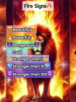 The cover image features a fiery background with a lion overlaid in the center. The lion is depicted in rich brown and orange hues. Several text boxes with descriptive terms and emojis are stacked vertically over the lion. The top box reads 'Fire Signs'. The overall composition is vibrant and energetic, with a focus on astrological themes.