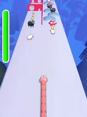 An illustration of a game interface featuring a long pink and red snake-like creature moving along a light blue path. Various obstacles and collectibles are present, including other animals, mushrooms, and a green progress bar on the left. The background has a blue and white color scheme.