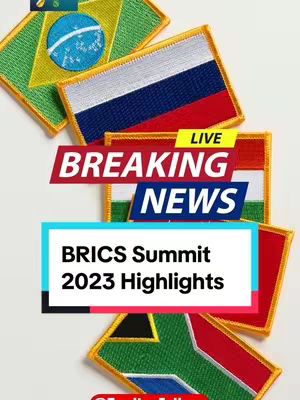 The cover image features a collage of flags, representing a breaking news announcement. The flags of Brazil, Russia, India, and South Africa are visible, along with a text overlay that says 'BREAKING NEWS' and 'BRICS Summit 2023 Highlights'. The layout is a mix of patriotic colors and text for an informative and attention-grabbing design. Other flag shapes are present, and the background is a light color.