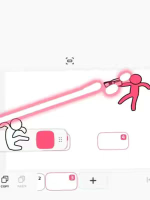 A white background with a cartoon animation. A red stick figure shoots a weapon at a white stick figure attempting to run with a phone-like object. The weapon releases a pink beam towards the other figure. The image has white, pink, and black elements, and the mobile app interface is featured at the bottom of the frame.