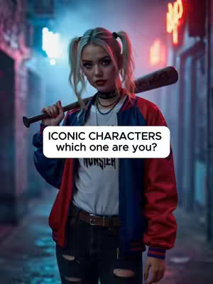 A woman with blonde pigtails holds a baseball bat over her shoulder. She is dressed in a red, white, and blue jacket, a white t-shirt, and black pants. There are lights and buildings in the background. A white tag is over the woman’s body with the text, ICONIC CHARACTERS which one are you?