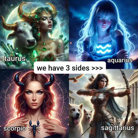 An image collage featuring four quadrants, each with a different illustration and text label. The top-left quadrant shows a figure with a bull head, adorned with gold and green jewelry, and the word 'taurus' in white text. The top-right quadrant depicts a figure with blue skin holding a glowing blue symbol, labeled 'aquarius'. The bottom-left shows a woman with ornate headwear and a scorpion symbol, labeled 'scorpio'. The bottom-right features a woman with a bow and arrow accompanied by dogs, labeled 'sagittarius'. A white rectangle in the center of the image reads 'we have 3 sides >>>'.