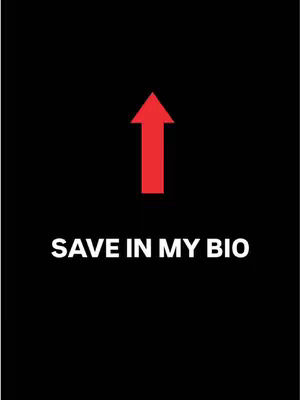A stark black background with a large, red, upwards-pointing arrow in the center. Below the arrow, the white text "SAVE IN MY BIO" is displayed.