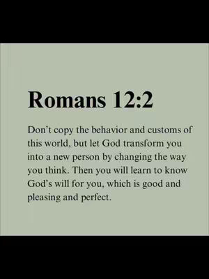The image is a simple text-based graphic. The background is a muted, light green color. At the top, in a larger, bold black font, it reads "Romans 12:2". Below, in a smaller, regular black font, is the text of the verse, formatted in paragraph style. The text includes a reference to behavior, customs, and transformation by God. The overall composition is straightforward, with a focus on presenting the biblical text.