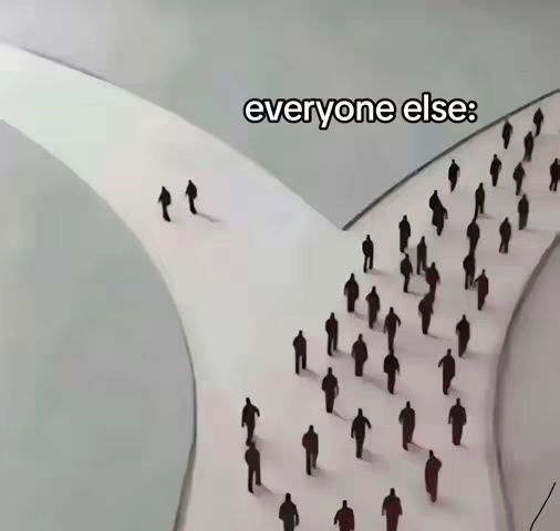 An image depicting a split pathway, with a lighter-colored road diverging into two directions. On the left path, two silhouetted figures walk away from the viewer while the other road has a group of silhouetted figures walking to the right. The words "everyone else:" are overlaid at the top.