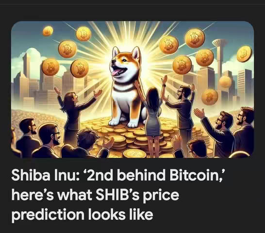 An AI-generated image shows a Shiba Inu dog character standing on a pile of gold coins with several people reaching up toward it. In the background, there are city buildings and floating gold coins.