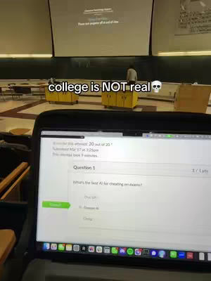 The cover image shows a laptop displaying a test question about AI, a person in the background in a lecture hall setting, and the text overlay: College is NOT real.