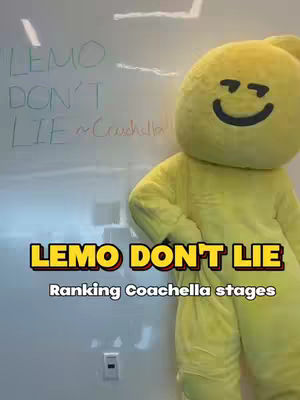 The cover image features a person dressed in a full body yellow costume resembling a lemon with a smiling face. Overlayed on the costume is the phrase "LEMO DON'T LIE," written in a bold, colorful font. Below this, smaller words say "Ranking Coachella stages". The background is a plain white wall with some markings. The composition is vertical, drawing attention to the character and the text.