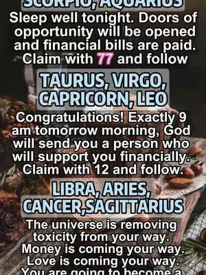 The image is a collage of text against a blurred, dark background suggestive of a natural setting with some blurred objects that seem to be nuts or seeds. Text is presented in various sizes and styles, with several sections listing astrological signs and positive affirmations. The overall tone is spiritual.