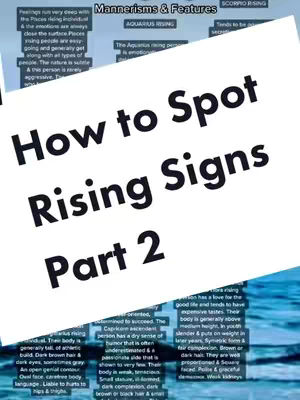 The cover image is a text-based announcement. A white rectangle with the words 'How to Spot Rising Signs Part 2' is centered. Above and to the sides are fragments of text from what appears to be a longer article or graphic. The background is gradients of blue. The text 'Mannerisms & Features' and 'Scorpio Rising' can be seen in the upper right.