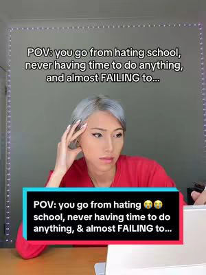 The image shows a person with silver hair looking thoughtful in front of a light gray background. The person is wearing a red top and has their hand near their head. A black text box overlay at the bottom, with POV text regarding student life.