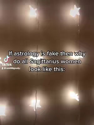 The cover image shows a dark background with Christmas lights, over which white text overlays. The text poses a question about why all Sagittarius women look a certain way if astrology is fake.